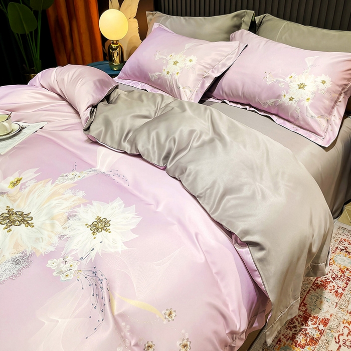 91家纺网 家纺一手货源 找家纺 玉相逢 2026春夏新品水洗仿天丝数码凉感丝四件套系列 艾尼梦-粉紫