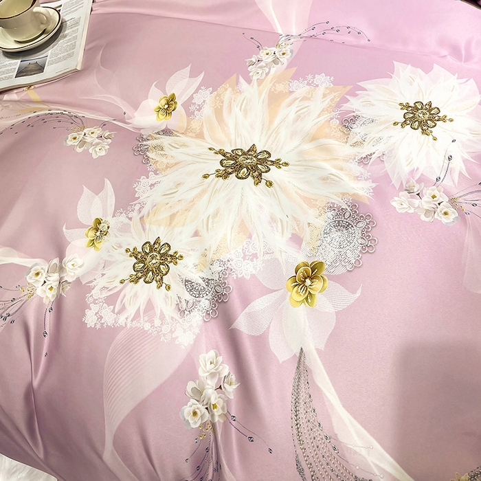 91家纺网 家纺一手货源 找家纺 玉相逢 2026春夏新品水洗仿天丝数码凉感丝四件套系列 艾尼梦-粉紫