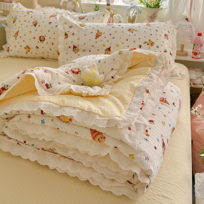 91家纺网 家纺一手货源 找家纺 几禾 2026新款泡芙纱全棉蕾丝花边夏被-花笺系列（甜系花边撞入梦境，软乎乎的质感，治愈所有疲惫） 花笺-旧街星星