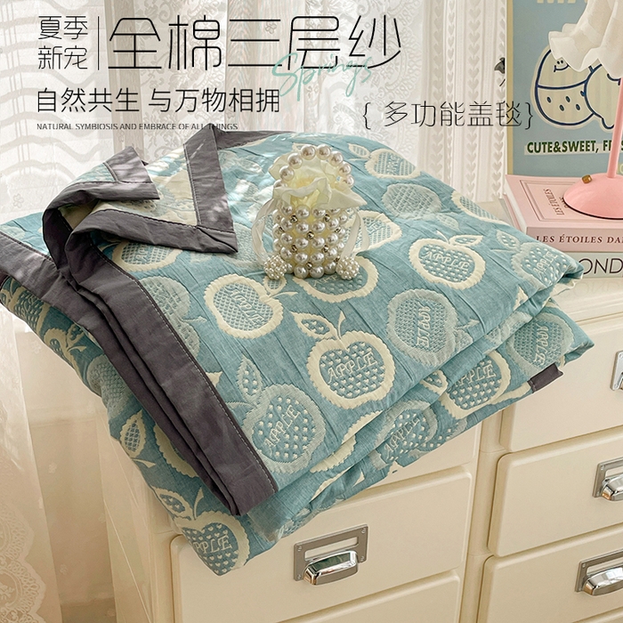 云天家纺 2026新款A类全棉三层纱多功能毛巾被（盖毯床单夏被） 幸运苹果-绿