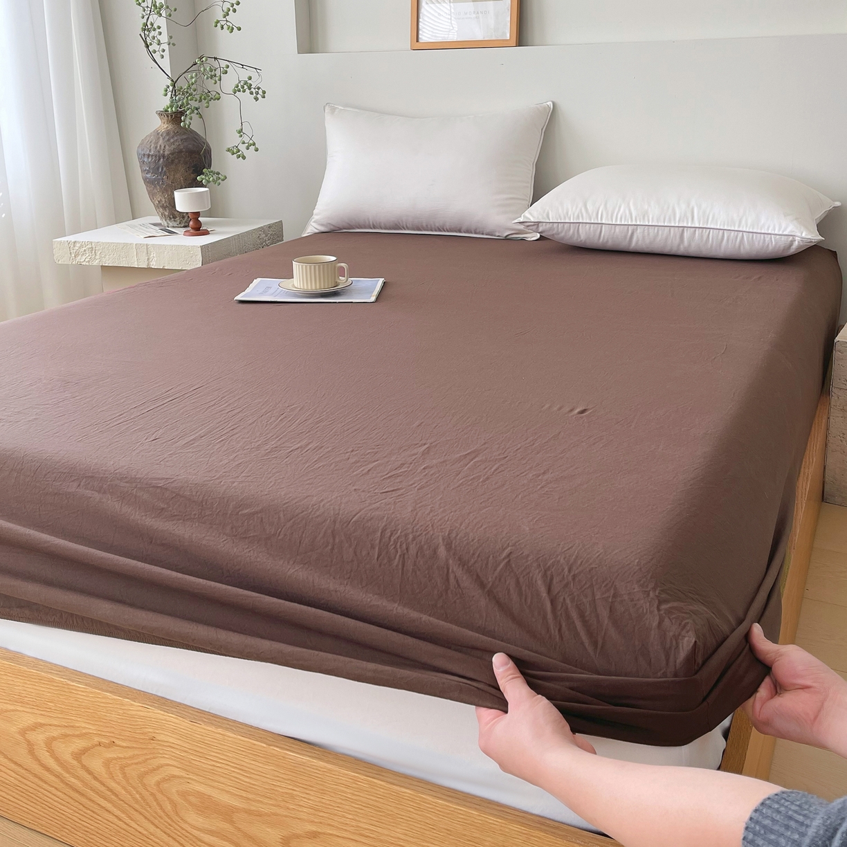 91家纺网 家纺一手货源 找家纺 春皖家纺 2026春夏新款双拼全棉纯棉水洗棉单床笠 床笠单件 慕斯棕