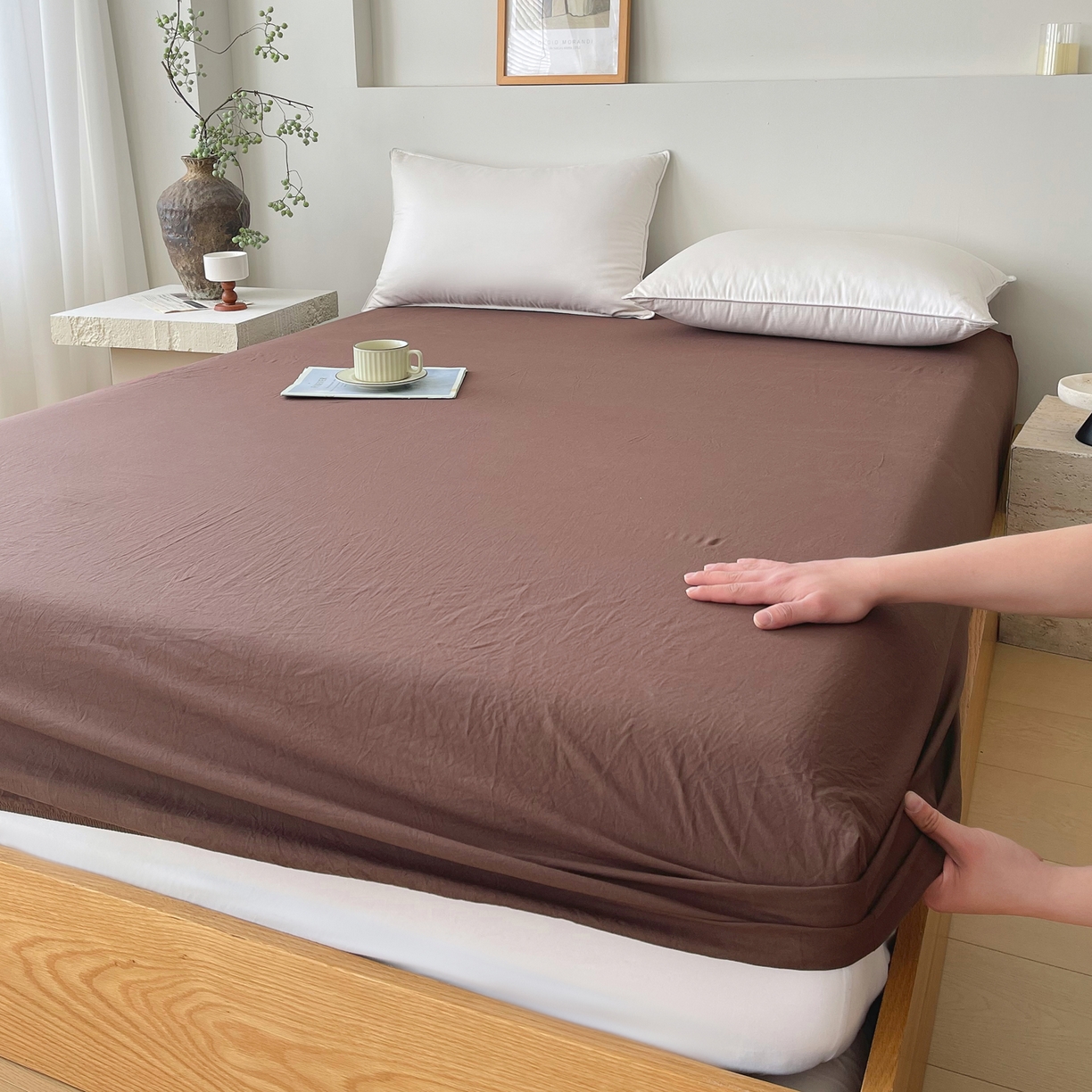 91家纺网 家纺一手货源 找家纺 春皖家纺 2026春夏新款双拼全棉纯棉水洗棉单床笠 床笠单件 慕斯棕