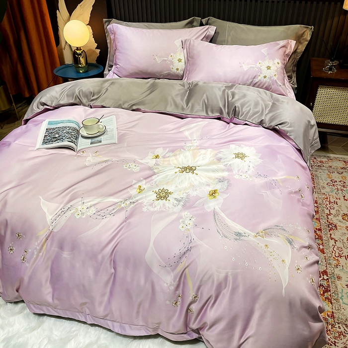 91家纺网 家纺一手货源 找家纺 玉相逢 2026春夏新品水洗仿天丝数码凉感丝四件套系列 艾尼梦-粉紫