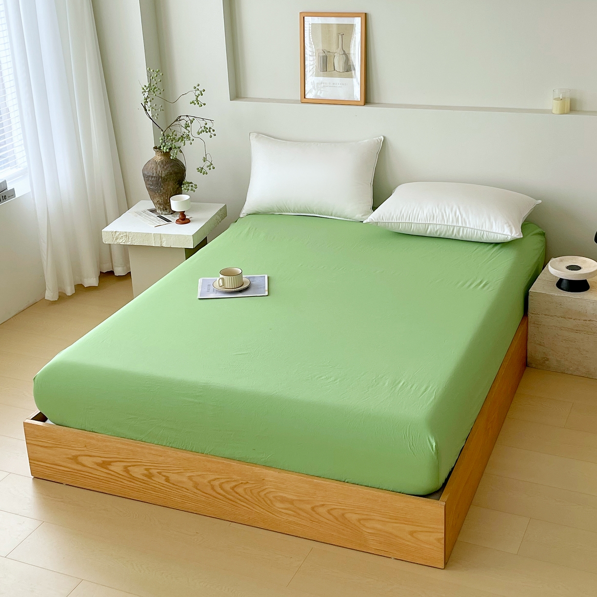 91家纺网 家纺一手货源 找家纺 春皖家纺 2026春夏新款双拼全棉纯棉水洗棉单床笠 床笠单件 青草绿