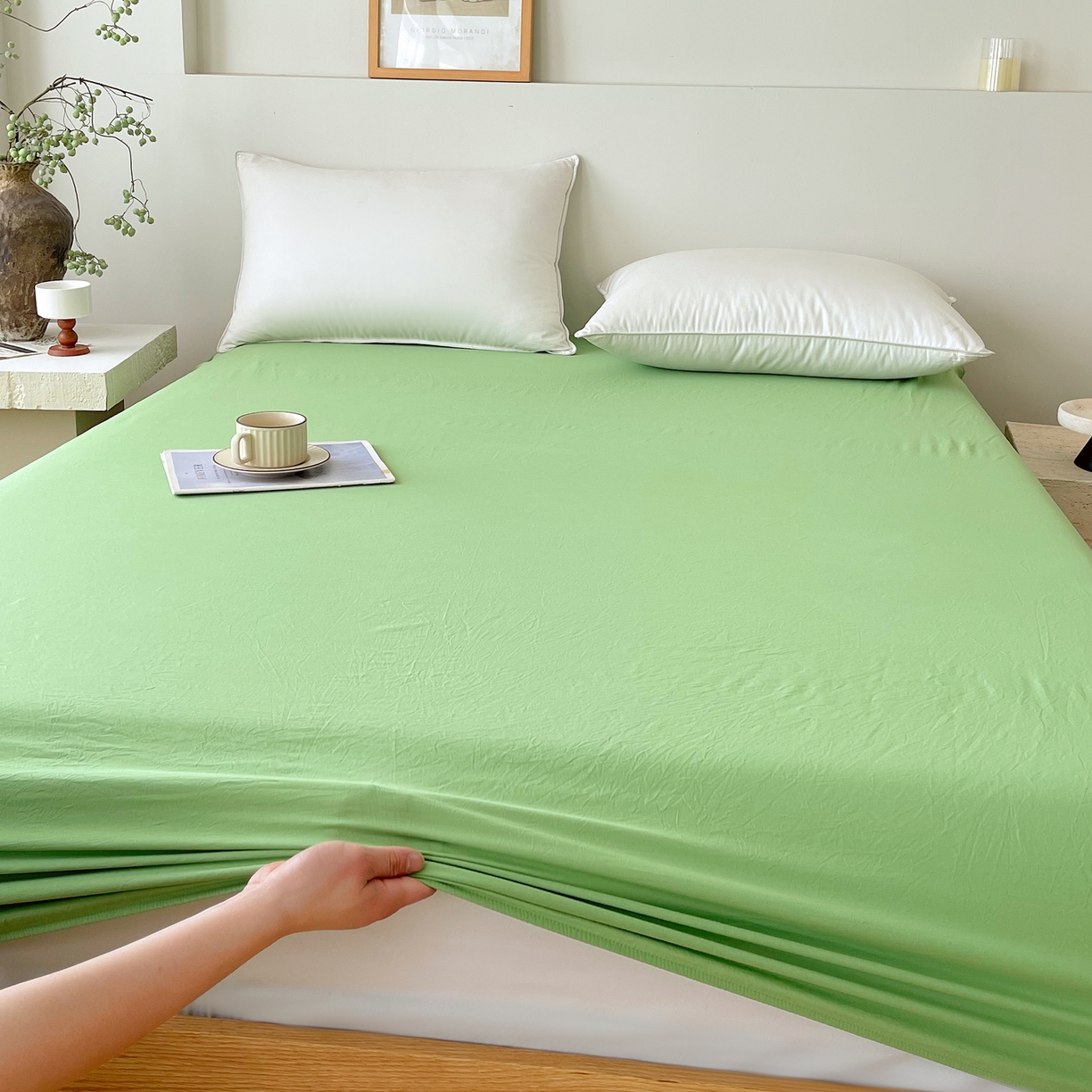 91家纺网 家纺一手货源 找家纺 春皖家纺 2026春夏新款双拼全棉纯棉水洗棉单床笠 床笠单件 青草绿