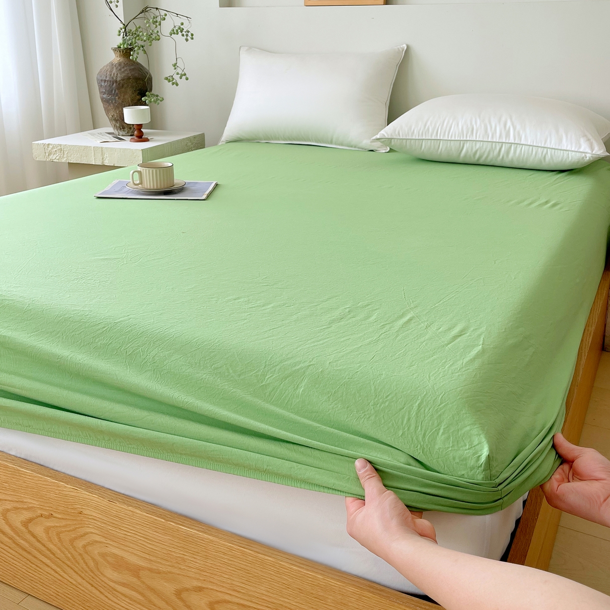 91家纺网 家纺一手货源 找家纺 春皖家纺 2026春夏新款双拼全棉纯棉水洗棉单床笠 床笠单件 青草绿