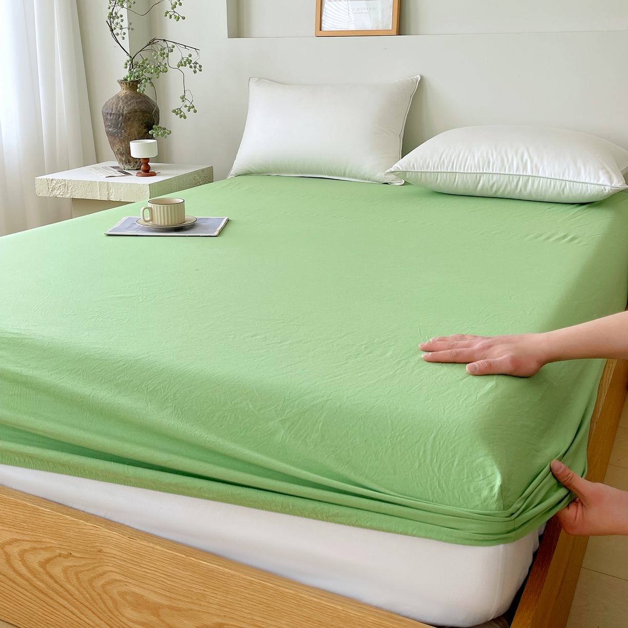 91家纺网 家纺一手货源 找家纺 春皖家纺 2026春夏新款双拼全棉纯棉水洗棉单床笠 床笠单件 青草绿