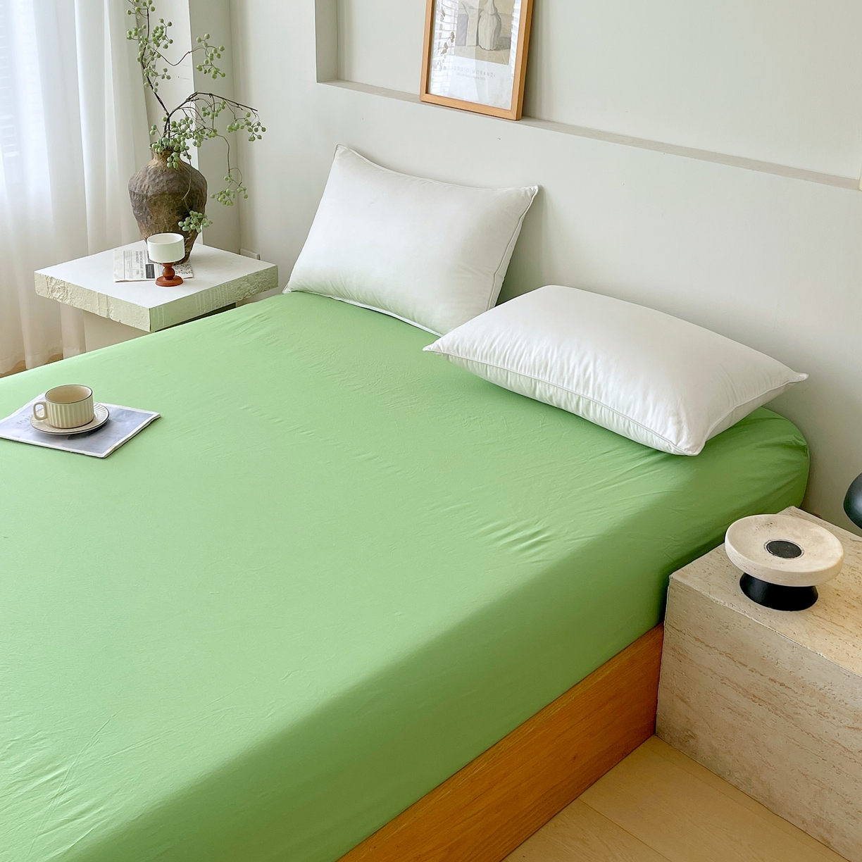 91家纺网 家纺一手货源 找家纺 春皖家纺 2026春夏新款双拼全棉纯棉水洗棉单床笠 床笠单件 青草绿