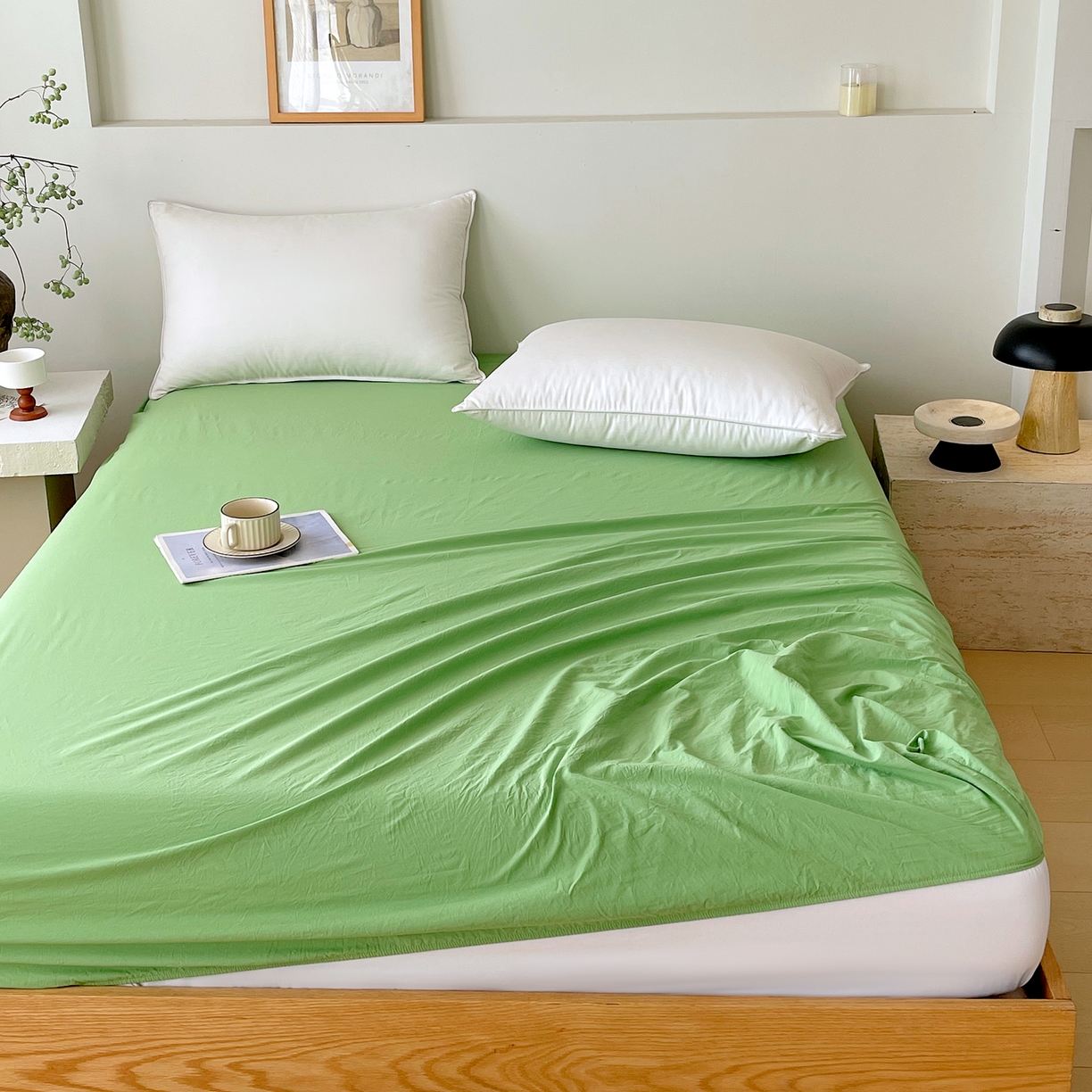 91家纺网 家纺一手货源 找家纺 春皖家纺 2026春夏新款双拼全棉纯棉水洗棉单床笠 床笠单件 青草绿