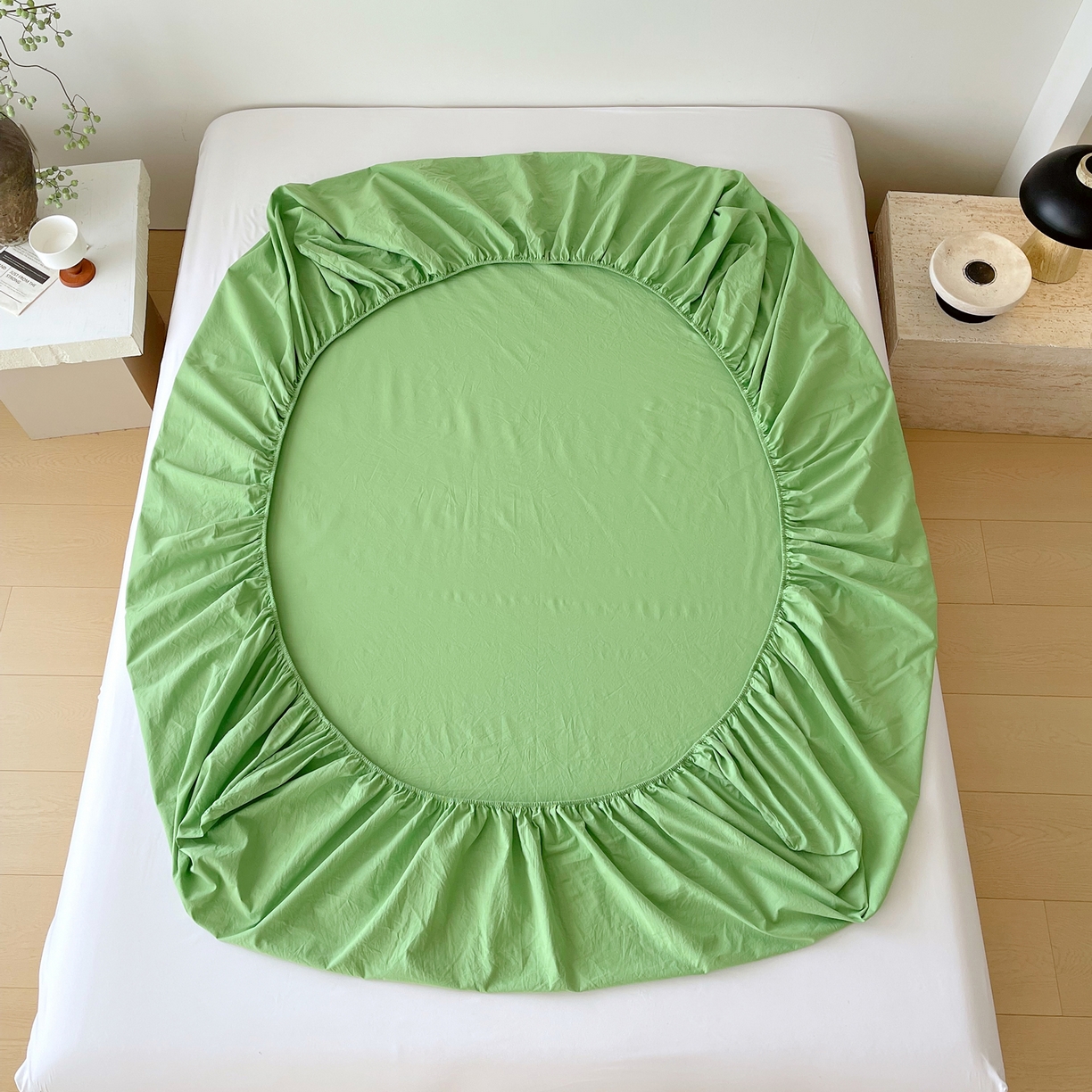 91家纺网 家纺一手货源 找家纺 春皖家纺 2026春夏新款双拼全棉纯棉水洗棉单床笠 床笠单件 青草绿