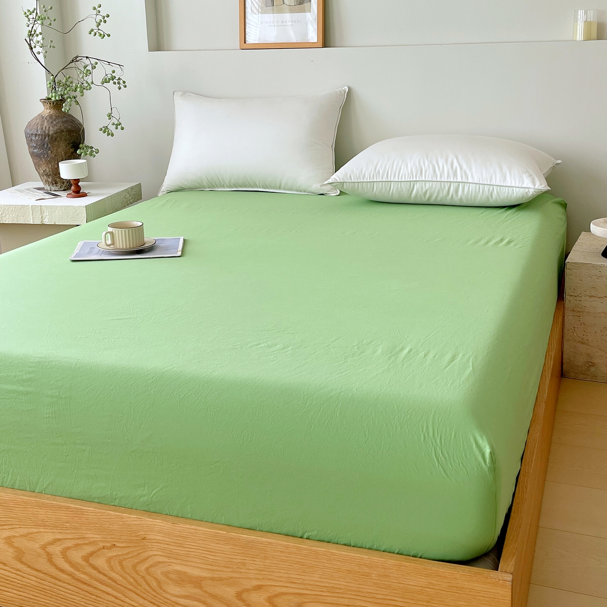 91家纺网 家纺一手货源 找家纺 春皖家纺 2026春夏新款双拼全棉纯棉水洗棉单床笠 床笠单件 青草绿