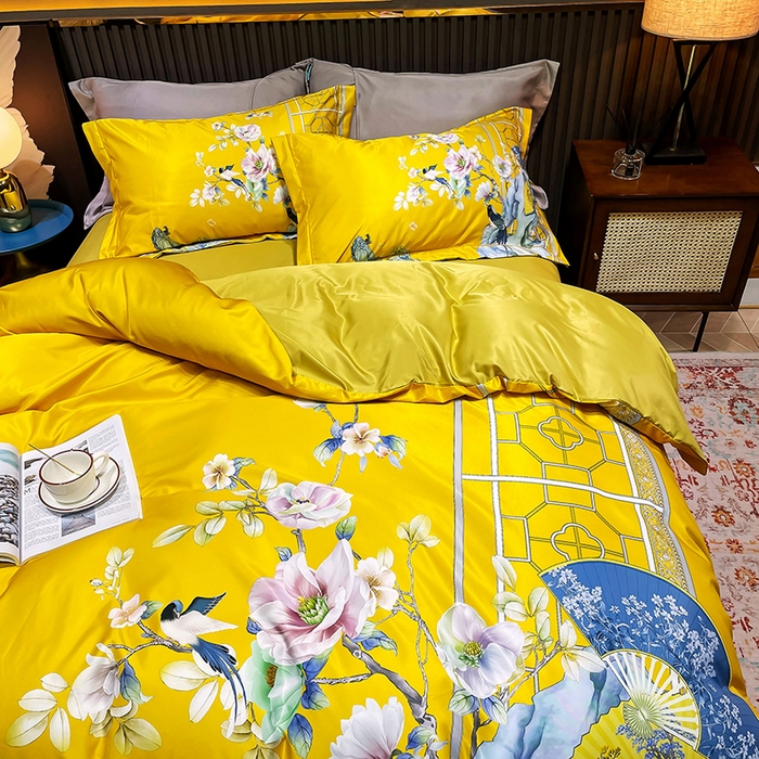 91家纺网 家纺一手货源 找家纺 玉相逢 2026春夏新品水洗仿天丝数码凉感丝四件套系列 奥洛琳-金