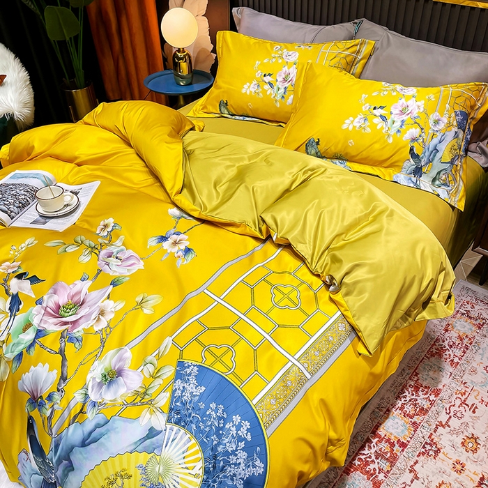 91家纺网 家纺一手货源 找家纺 玉相逢 2026春夏新品水洗仿天丝数码凉感丝四件套系列 奥洛琳-金