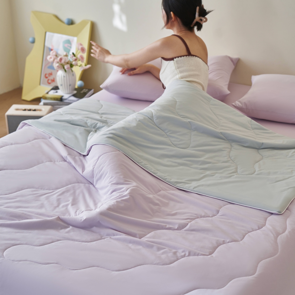 91家纺网 家纺一手货源 找家纺 亿梵家居 2026新款西瓜啵啵凉感夏被夏凉被空调被 梦幻紫-轻奢灰