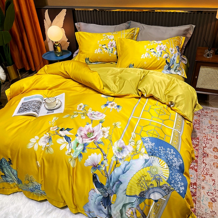 91家纺网 家纺一手货源 找家纺 玉相逢 2026春夏新品水洗仿天丝数码凉感丝四件套系列 奥洛琳-金