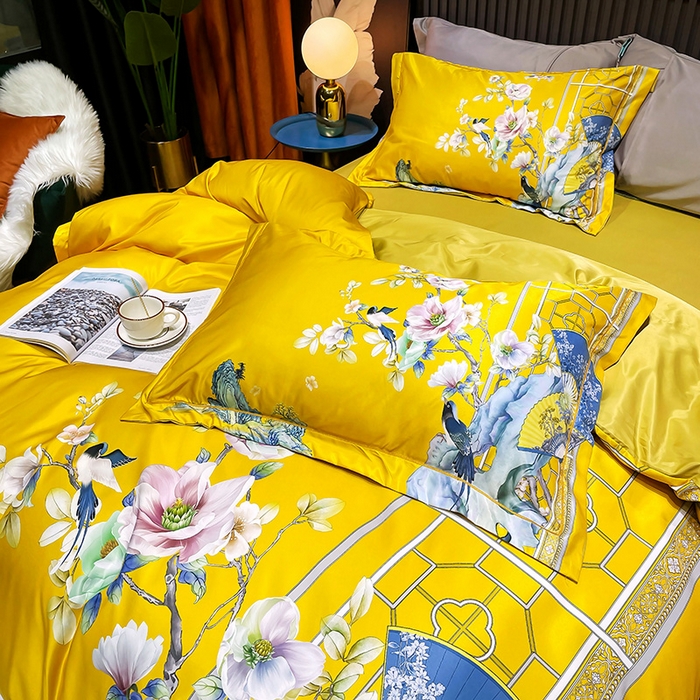 91家纺网 家纺一手货源 找家纺 玉相逢 2026春夏新品水洗仿天丝数码凉感丝四件套系列 奥洛琳-金