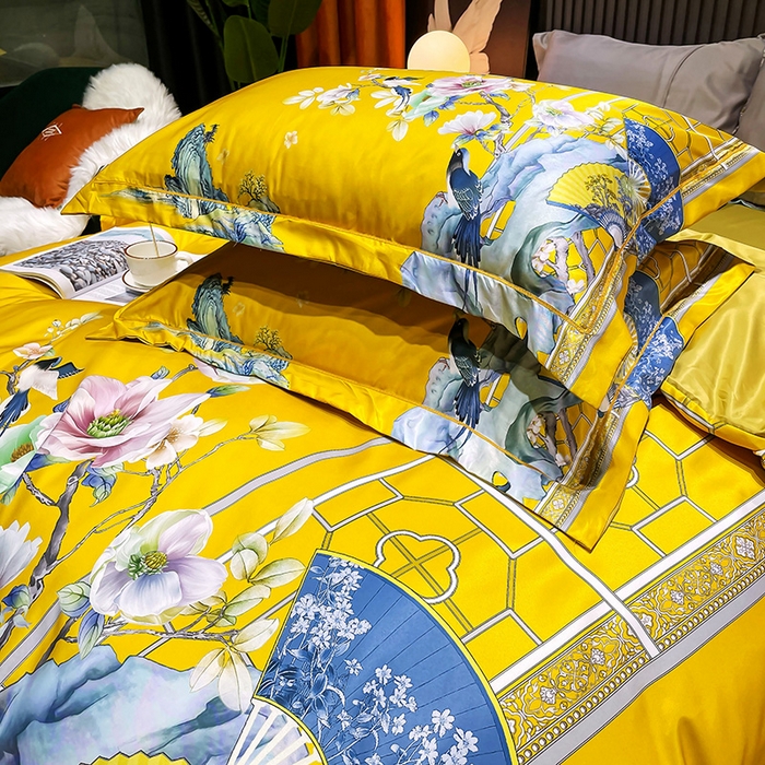 91家纺网 家纺一手货源 找家纺 玉相逢 2026春夏新品水洗仿天丝数码凉感丝四件套系列 奥洛琳-金