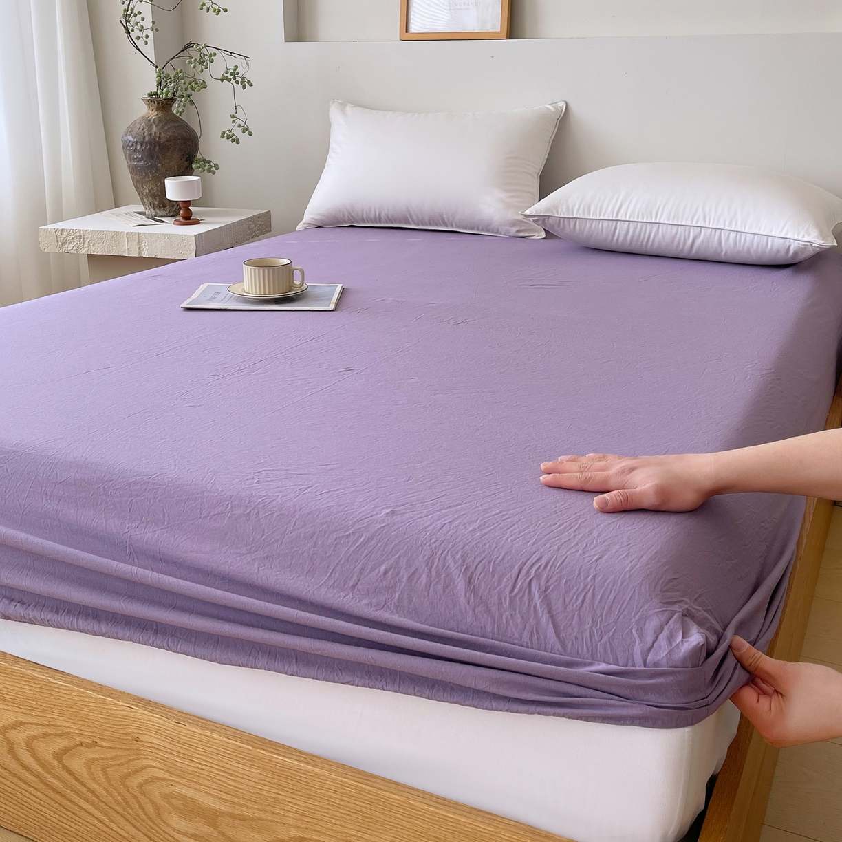 91家纺网 家纺一手货源 找家纺 春皖家纺 2026春夏新款双拼全棉纯棉水洗棉单床笠 床笠单件 水晶紫