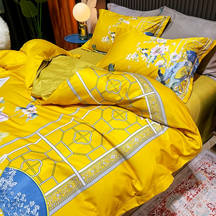 91家纺网 家纺一手货源 找家纺 玉相逢 2026春夏新品水洗仿天丝数码凉感丝四件套系列 奥洛琳-金