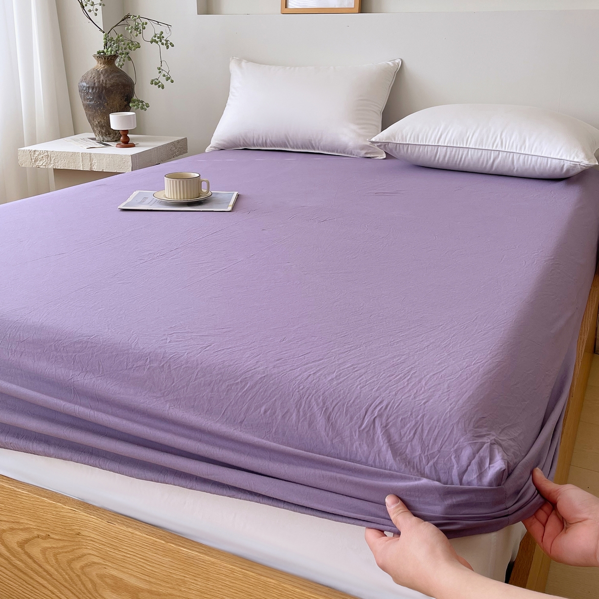 91家纺网 家纺一手货源 找家纺 春皖家纺 2026春夏新款双拼全棉纯棉水洗棉单床笠 床笠单件 水晶紫