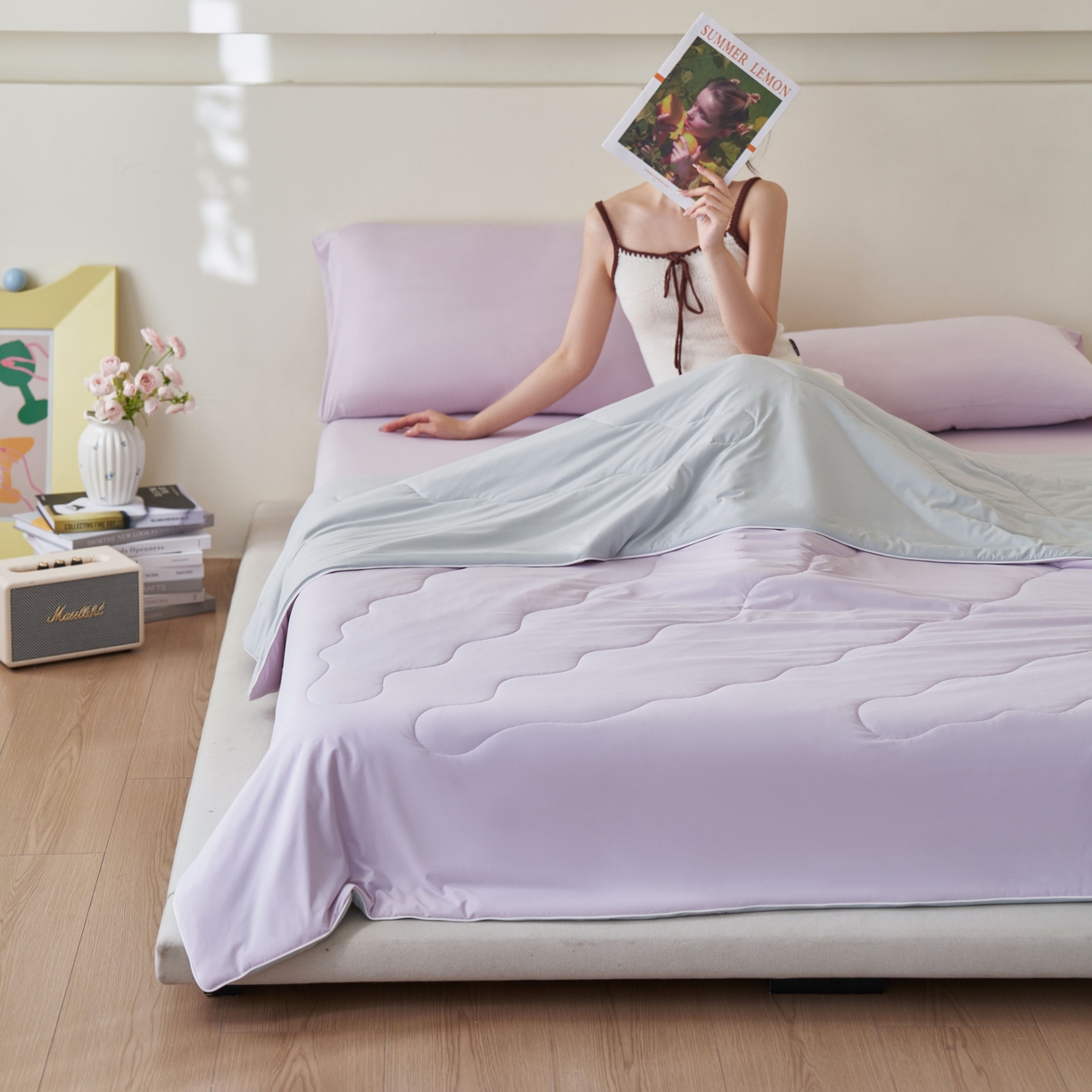 91家纺网 家纺一手货源 找家纺 亿梵家居 2026新款西瓜啵啵凉感夏被夏凉被空调被 梦幻紫-轻奢灰