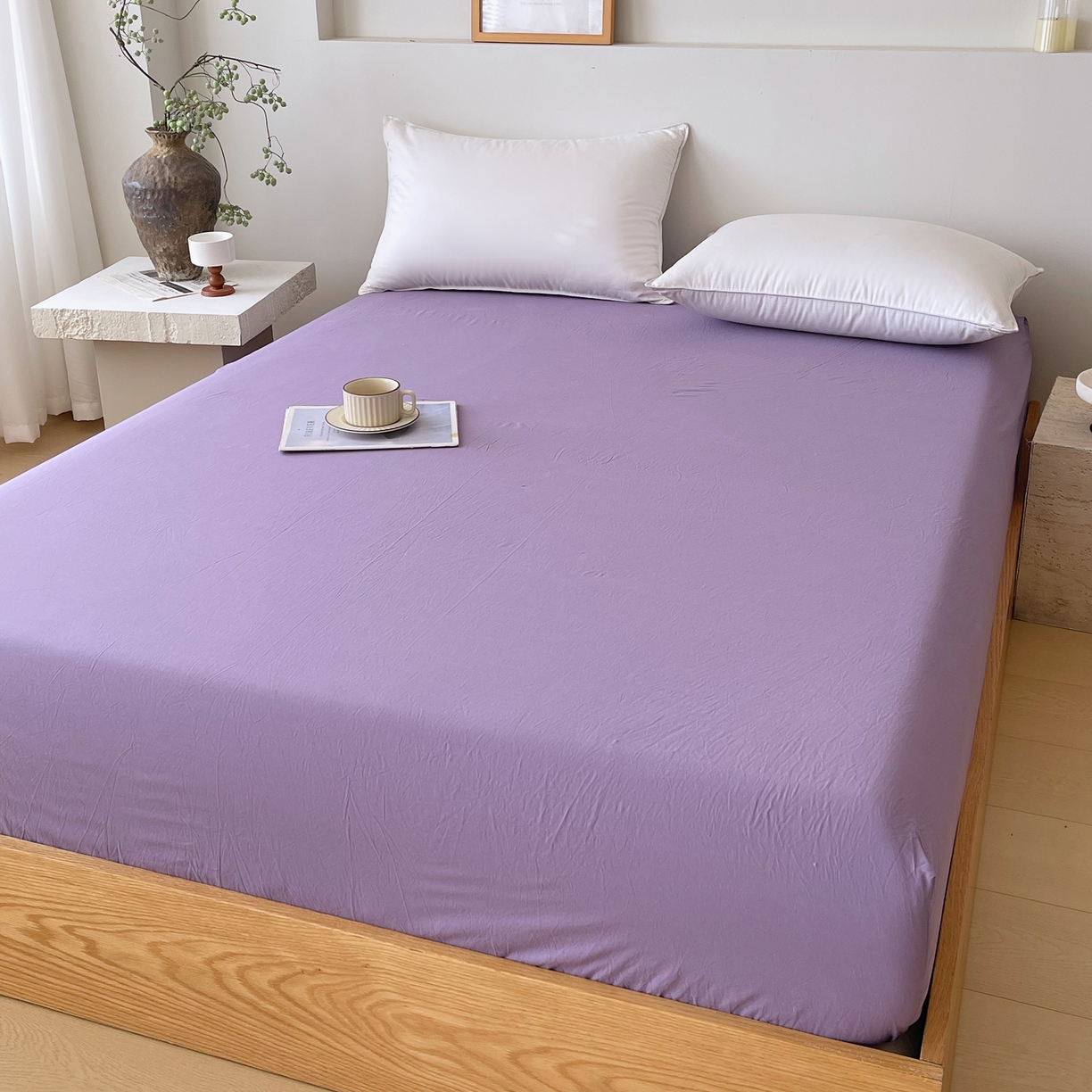 91家纺网 家纺一手货源 找家纺 春皖家纺 2026春夏新款双拼全棉纯棉水洗棉单床笠 床笠单件 水晶紫