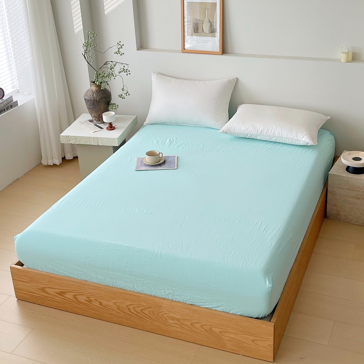 91家纺网 家纺一手货源 找家纺 春皖家纺 2026春夏新款双拼全棉纯棉水洗棉单床笠 床笠单件 素雅翠兰