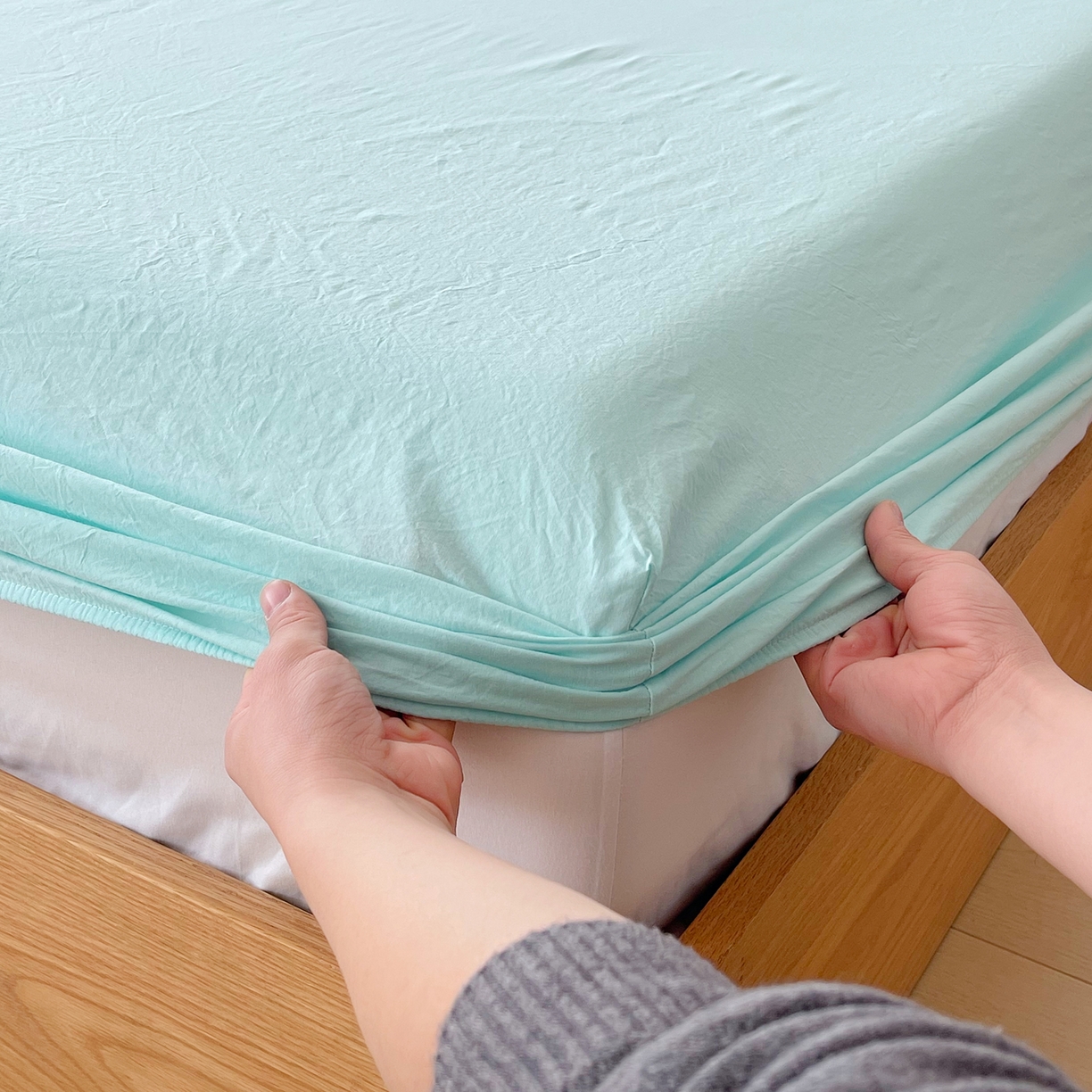 91家纺网 家纺一手货源 找家纺 春皖家纺 2026春夏新款双拼全棉纯棉水洗棉单床笠 床笠单件 素雅翠兰