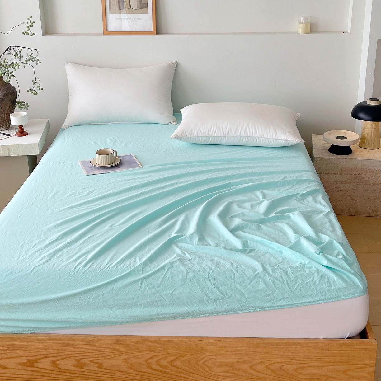 91家纺网 家纺一手货源 找家纺 春皖家纺 2026春夏新款双拼全棉纯棉水洗棉单床笠 床笠单件 素雅翠兰