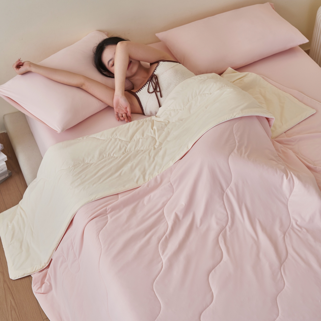 亿梵家居 2026新款西瓜啵啵凉感夏被夏凉被空调被 蜜桃粉-淡雅黄