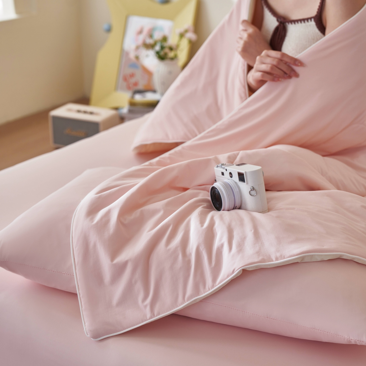 91家纺网 家纺一手货源 找家纺 亿梵家居 2026新款西瓜啵啵凉感夏被夏凉被空调被 蜜桃粉-淡雅黄