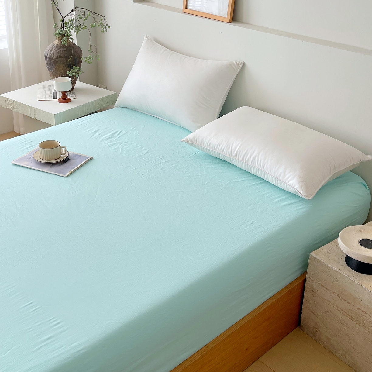 91家纺网 家纺一手货源 找家纺 春皖家纺 2026春夏新款双拼全棉纯棉水洗棉单床笠 床笠单件 素雅翠兰