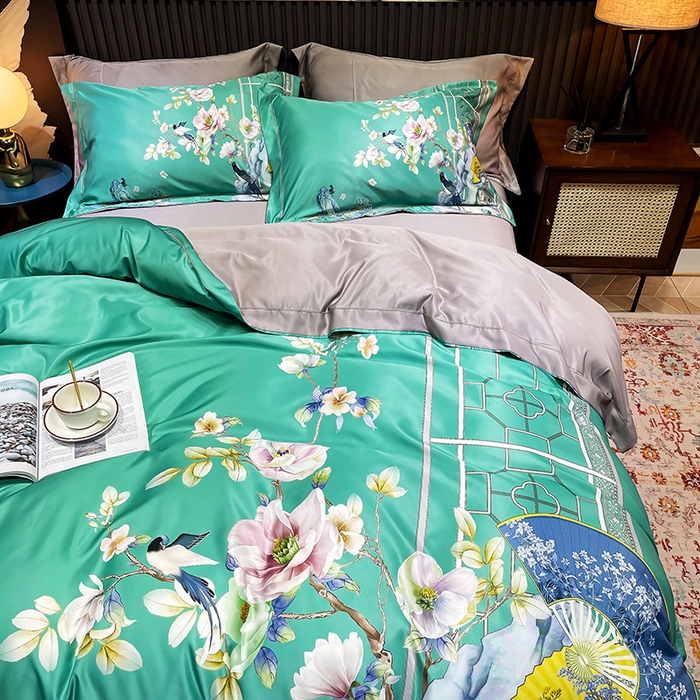 91家纺网 家纺一手货源 找家纺 玉相逢 2026春夏新品水洗仿天丝数码凉感丝四件套系列 奥洛琳-绿