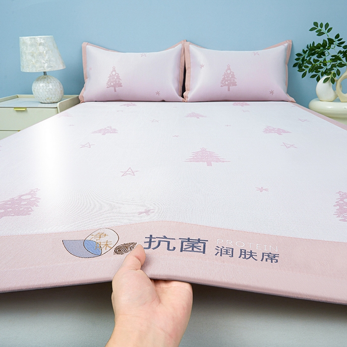 玖明家纺 2026新款A类精品加厚净味抗菌凉感冰丝席三件套藤席凉席 梦幻森林-粉