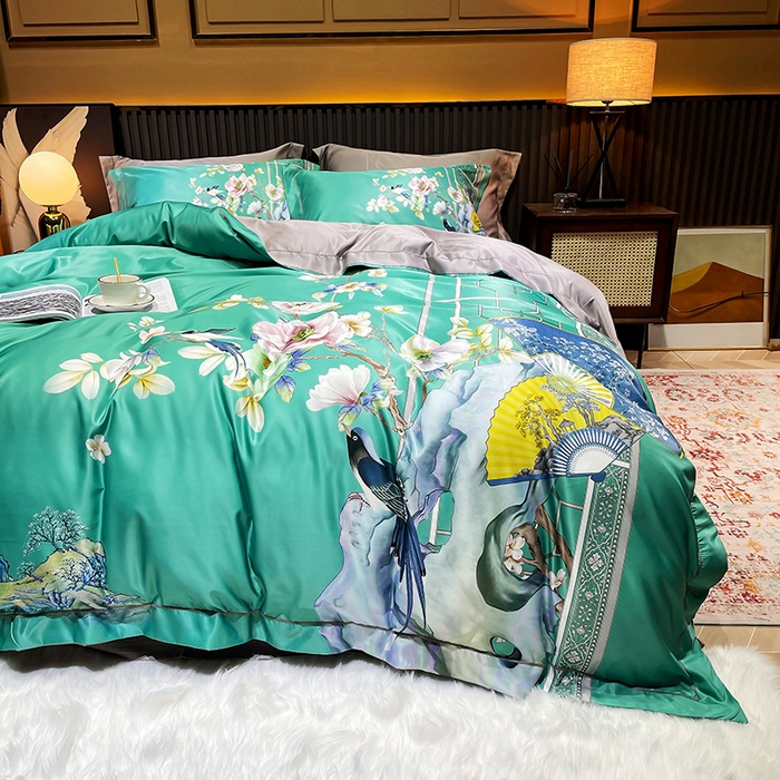 91家纺网 家纺一手货源 找家纺 玉相逢 2026春夏新品水洗仿天丝数码凉感丝四件套系列 奥洛琳-绿