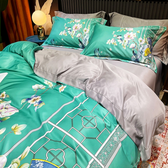 91家纺网 家纺一手货源 找家纺 玉相逢 2026春夏新品水洗仿天丝数码凉感丝四件套系列 奥洛琳-绿