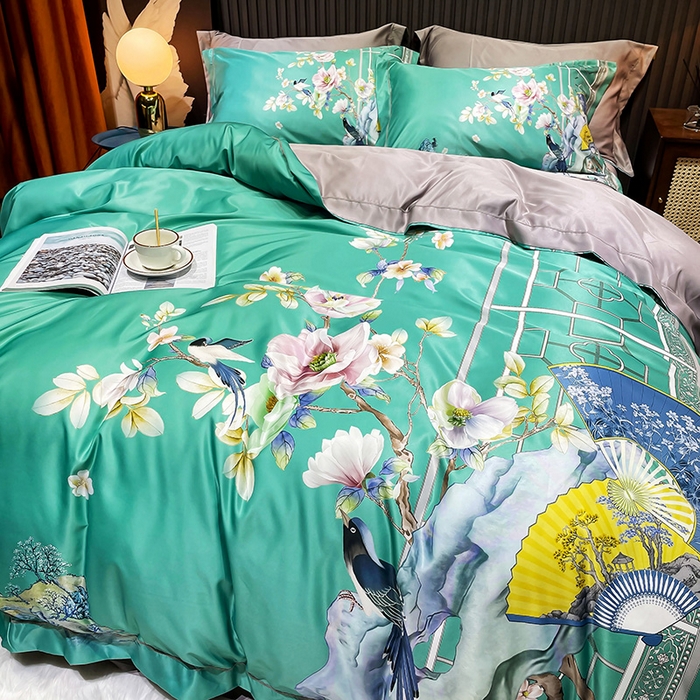 91家纺网 家纺一手货源 找家纺 玉相逢 2026春夏新品水洗仿天丝数码凉感丝四件套系列 奥洛琳-绿