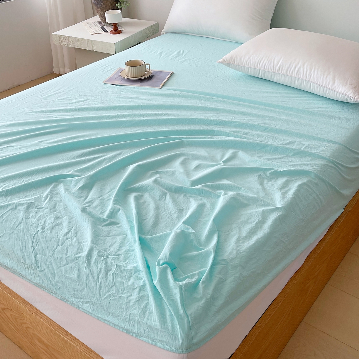 91家纺网 家纺一手货源 找家纺 春皖家纺 2026春夏新款双拼全棉纯棉水洗棉单床笠 床笠单件 素雅翠兰