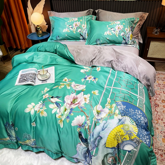 91家纺网 家纺一手货源 找家纺 玉相逢 2026春夏新品水洗仿天丝数码凉感丝四件套系列 奥洛琳-绿