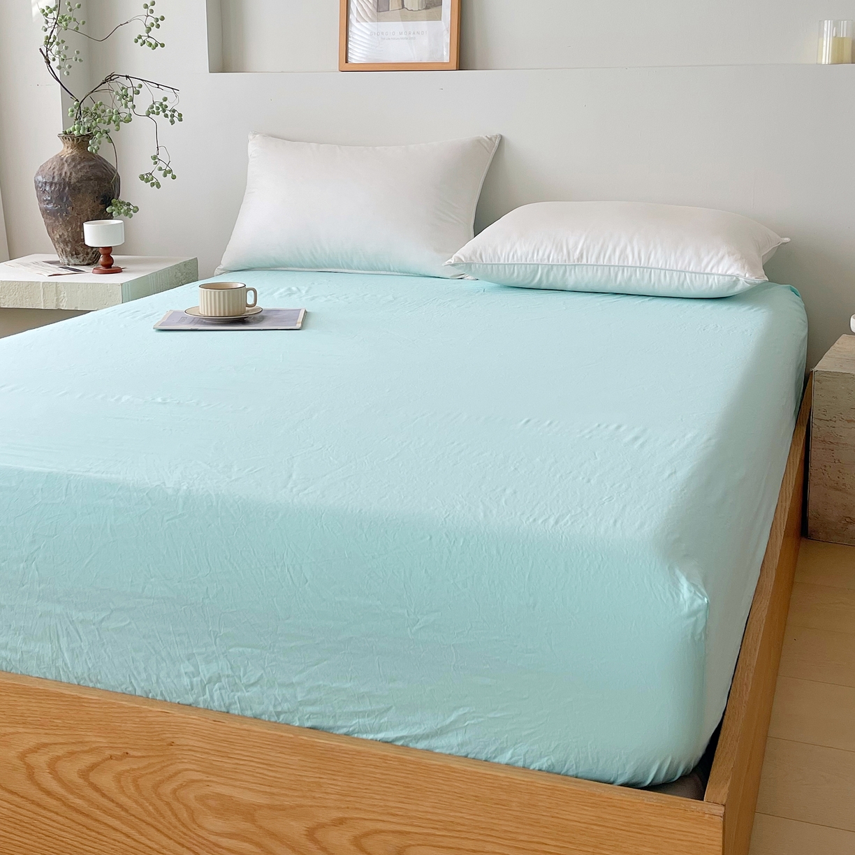 91家纺网 家纺一手货源 找家纺 春皖家纺 2026春夏新款双拼全棉纯棉水洗棉单床笠 床笠单件 素雅翠兰