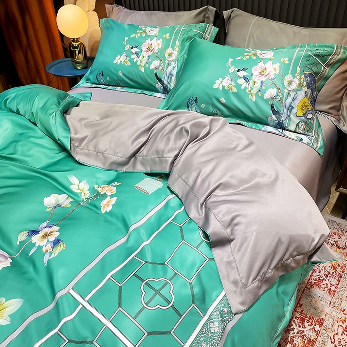 91家纺网 家纺一手货源 找家纺 玉相逢 2026春夏新品水洗仿天丝数码凉感丝四件套系列 奥洛琳-绿