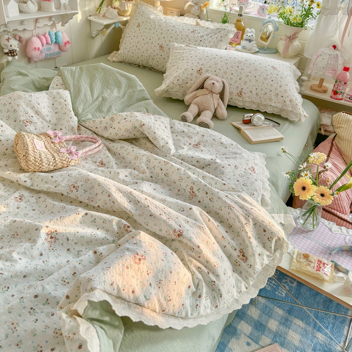 91家纺网 家纺一手货源 找家纺 几禾 2026新款泡芙纱全棉蕾丝花边夏被-花笺系列（甜系花边撞入梦境，软乎乎的质感，治愈所有疲惫） 花笺-木马小花团