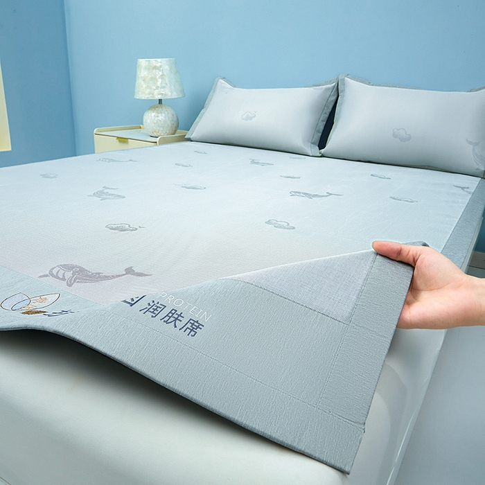 91家纺网 家纺一手货源 找家纺 玖明家纺 2026新款A类精品加厚净味抗菌凉感冰丝席三件套藤席凉席 鲸鱼-灰