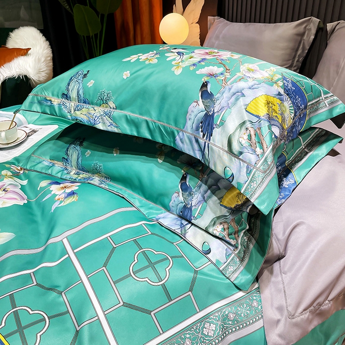 91家纺网 家纺一手货源 找家纺 玉相逢 2026春夏新品水洗仿天丝数码凉感丝四件套系列 奥洛琳-绿