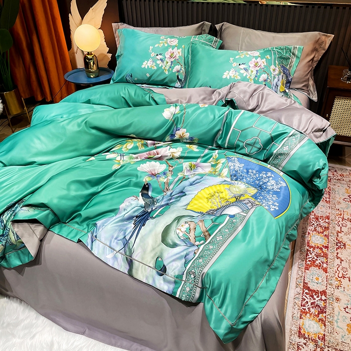 91家纺网 家纺一手货源 找家纺 玉相逢 2026春夏新品水洗仿天丝数码凉感丝四件套系列 奥洛琳-绿