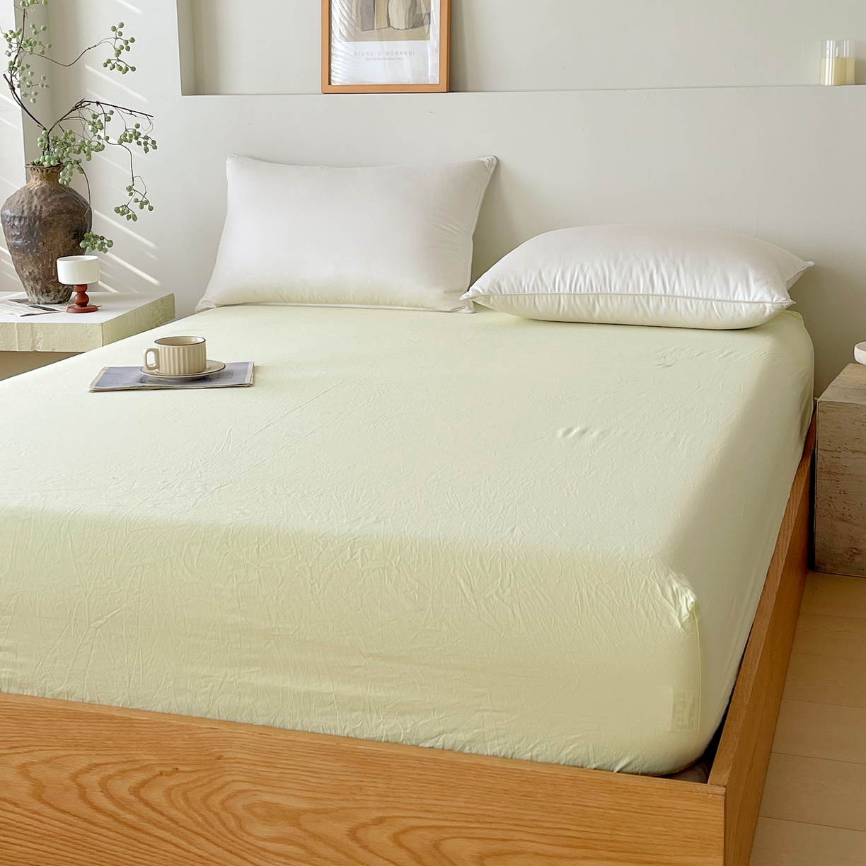 91家纺网 家纺一手货源 找家纺 春皖家纺 2026春夏新款双拼全棉纯棉水洗棉单床笠 床笠单件 素雅淡黄