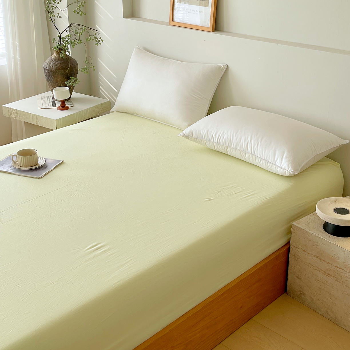 91家纺网 家纺一手货源 找家纺 春皖家纺 2026春夏新款双拼全棉纯棉水洗棉单床笠 床笠单件 素雅淡黄