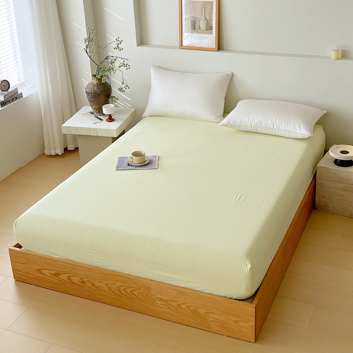 91家纺网 家纺一手货源 找家纺 春皖家纺 2026春夏新款双拼全棉纯棉水洗棉单床笠 床笠单件 素雅淡黄