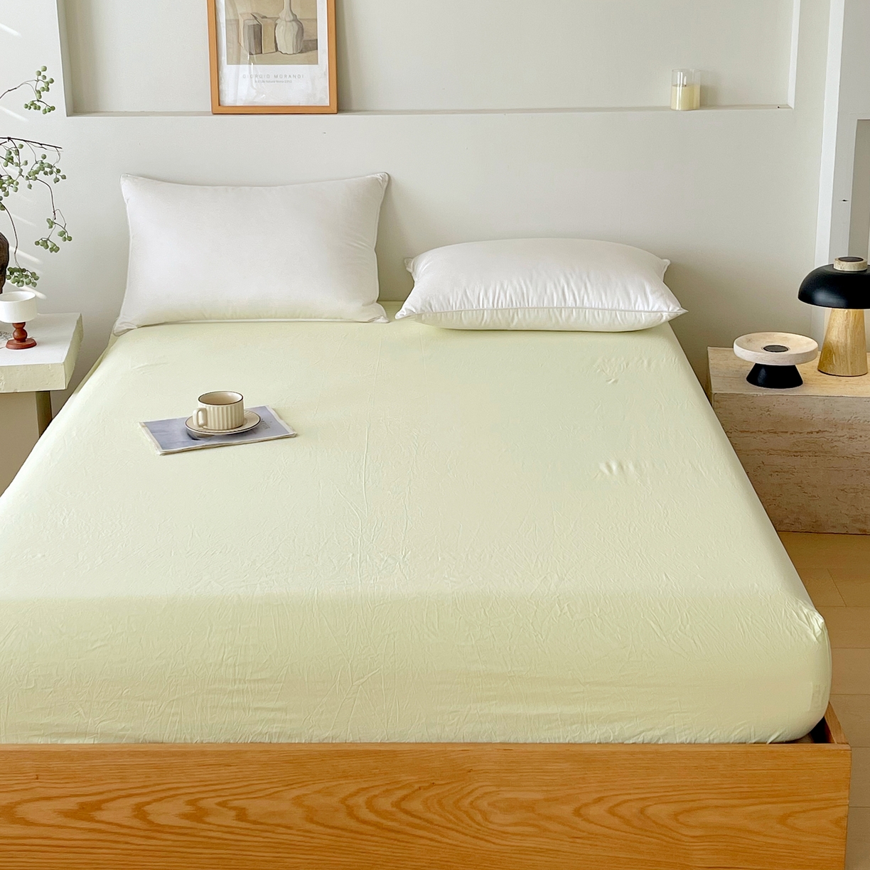 91家纺网 家纺一手货源 找家纺 春皖家纺 2026春夏新款双拼全棉纯棉水洗棉单床笠 床笠单件 素雅淡黄