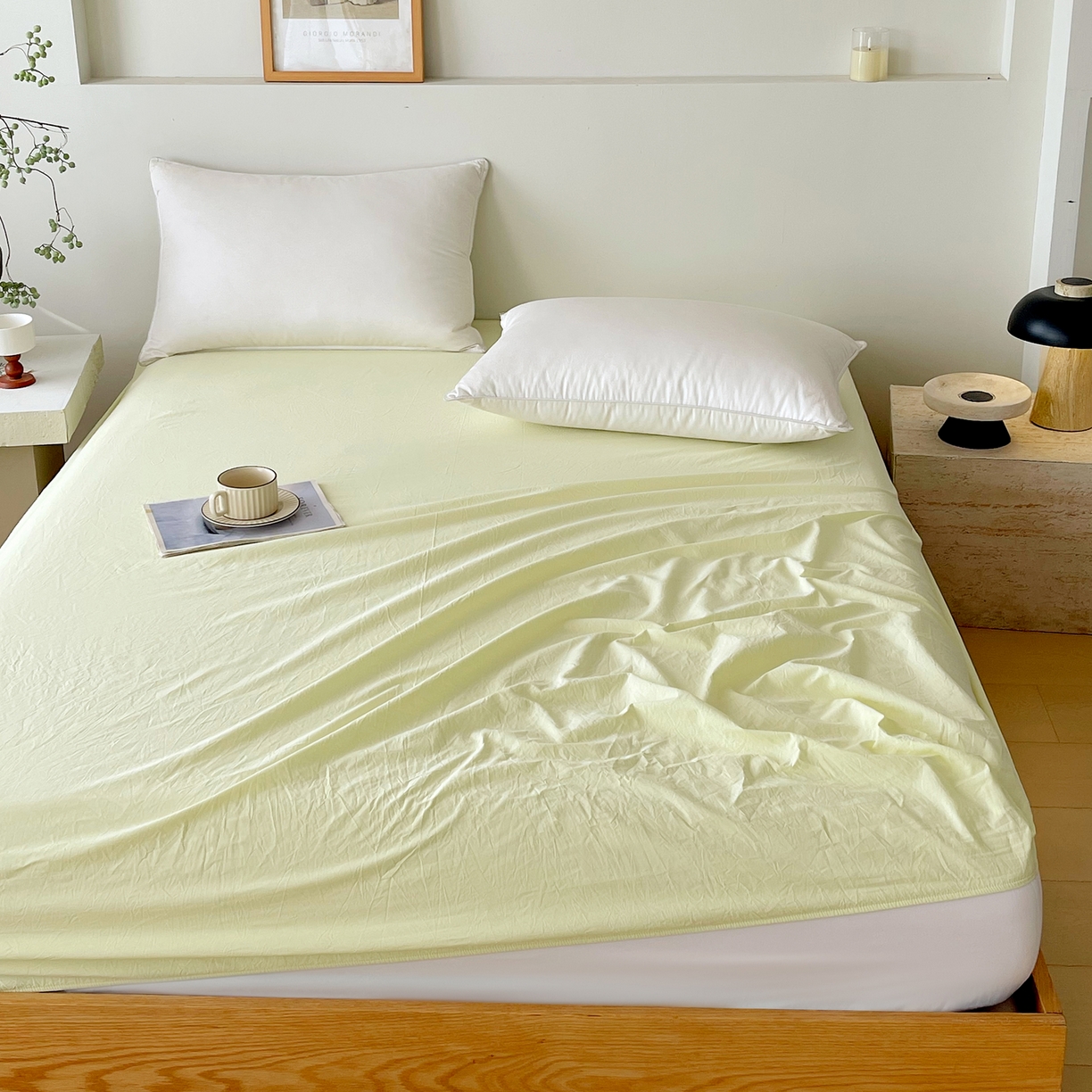 91家纺网 家纺一手货源 找家纺 春皖家纺 2026春夏新款双拼全棉纯棉水洗棉单床笠 床笠单件 素雅淡黄